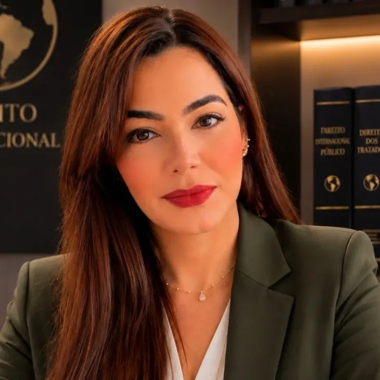 Advogada responsável pela Balduino Global Law em seu escritório, diante de obras de direito internacional