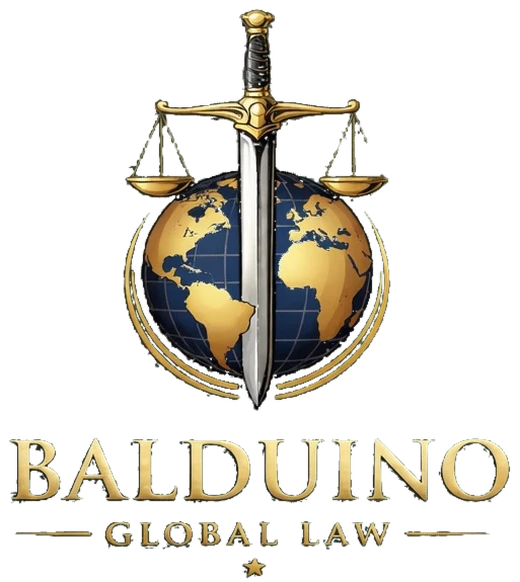 Logotipo Balduino Global Law: espada e balança dourada sobre um globo terrestre